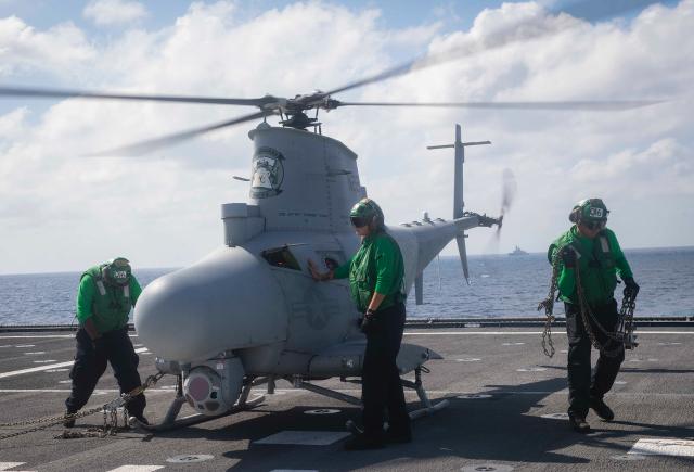 The MQ-8B unmanned helicopter, shown here on board the USS Gabrielle Giffords (LCS-10) has proven to be a viable over-the-horizon sensor for the Navy’s growing fleet of littoral combat ships. The larger MQ-8C reached initial operating capability in 2019 and will be paired with the MQ-8B and MH-60 manned helicopters in the future. 