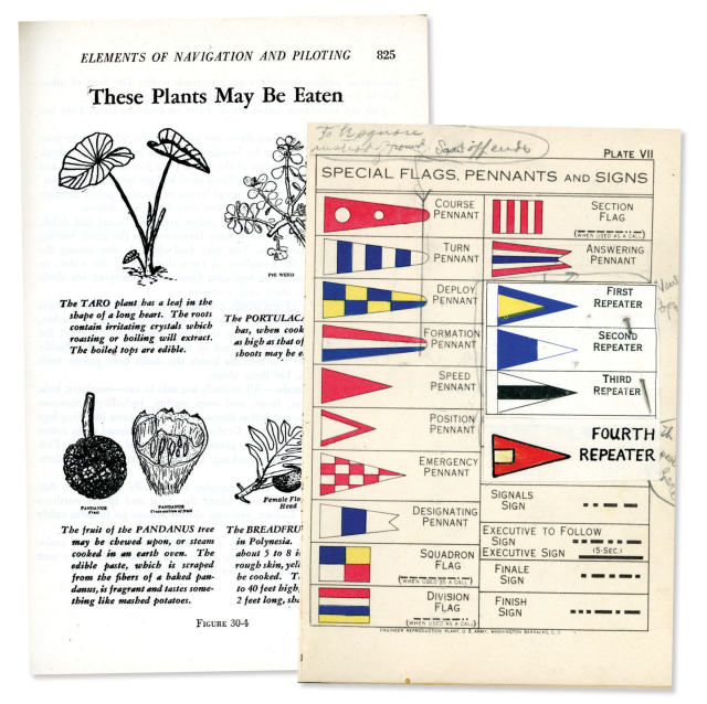 Two pages from the Bluejacket's Manual showing edible plants and signal pennants