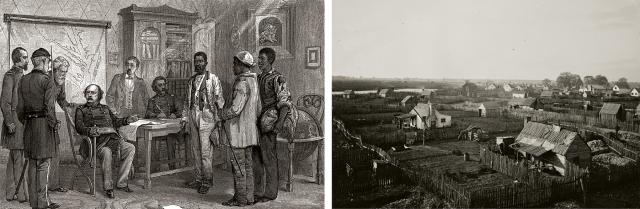 In command at Fort Monroe, Major General Benjamin F. Butler (seated, top), a lawyer in civilian life, came up with the inspired “contraband of war” ruling that gave him the precedent to refuse to return runaways to Southern slaveholders. Above: To accommodate the steady stream of arrivals, the Grand Contraband Camp was set up outside the fort.