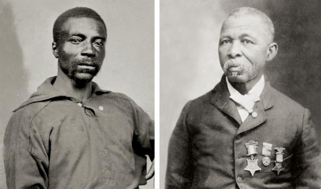 The U.S. Navy initially mandated that no more than 5 percent of ships’ crews could be African American, but that 5 percent quickly grew to 15 percent by 1862, and by 1863, black sailors—both contraband recruits and free black enlistees as well—comprised more than 50 percent of some crews. Pictured here are Civil War sailors George Commodore (top) and John Lawson (above), who received the Medal of Honor for his actions on board David G. Farragut’s flagship USS Hartford during the 1864 Battle of Mobile Bay.