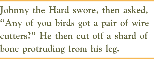Johnny the Hard swore, then asked, “Any of you birds got a pair of wire cutters?” He then cut off a shard of bone protruding from his leg.