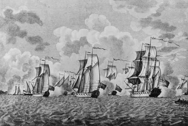 An engraving depicting the Battle of Valcour Island, on 11 October 1776. 
