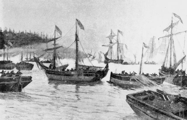 An illustration depicting the Battle of Valcour Island, on 11 October 1776.  