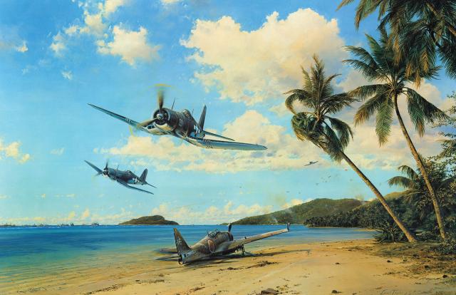 In support of landings in the Marshall Islands, F4U Corsairs make a low-level strafing run on the lookout for ground targets. A downed Japanese Zero lies decaying on the beach below, and U.S. Navy vessels in the distance bombard enemy positions. The assault on the Marshalls in January–February 1944 was hailed as “probably the most perfect operation of its kind in the war.”