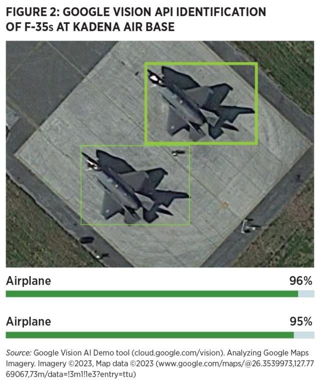 Source: Google Vision AI Demo tool (cloud.google.com/vision). Analyzing Google Maps Imagery. Imagery ©2023, Map data ©2023 (www.google.com/maps/@26.3539973,127.7769067,73m/data=!3m1!1e3?entry=ttu)