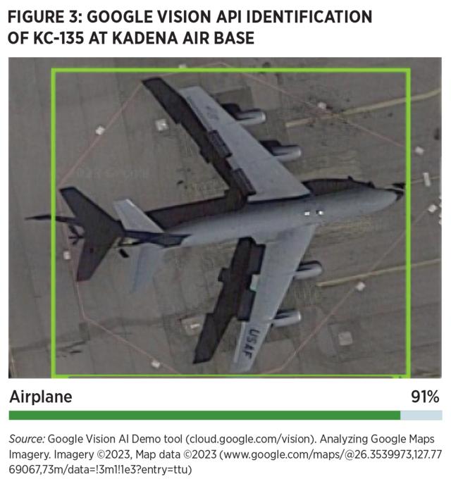 Source: Google Vision AI Demo tool (cloud.google.com/vision). Analyzing Google Maps Imagery. Imagery ©2023 Airbus, Map data ©2023 (www.google.com/maps/@26.354132,127.7544911,62m/data=!3m1!1e3?entry=ttu)