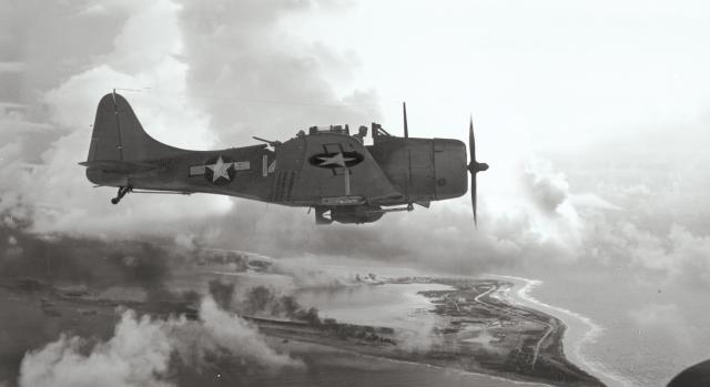 BD Dauntless flies high above Wake Island 