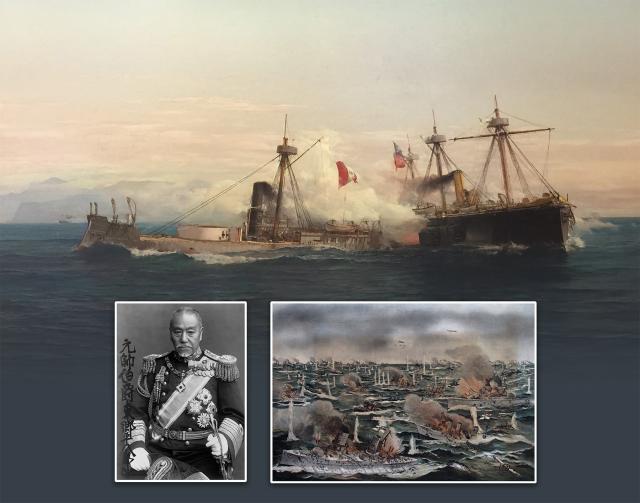 The Battle of Angamos during the War of the Pacific. Inset: Left: Admiral Heihachir-o T-og-o, victor over the Russian fleet at Tsushima. Right: The Battle of Jutland, largest naval clash of World War I.