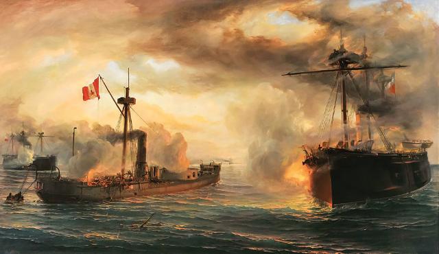 Only making small gains against the Bolivian/Peruvian alliance at the outset of the War of the Pacific, Chile would begin to make serious inroads to victory by capturing the Peruvian ironclad Huascar (center) at the 1879 Battle of Angamos. 