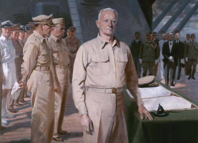 In the office of the Secretary of the Navy there hangs this giant wall-sized portrait of the iconic Admiral Chester W. Nimitz “looking down on me . . . and I think every day that if I can measure up . . . to help lead the Navy forward, that’s inspirational to me.”