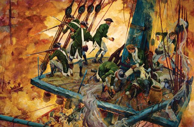 Jones’ sharpshooting Marines in the tops of the Bonhomme Richard rain deadly musket fire and hand grenades down onto the crowded, burning deck of the Serapis. “We lost many bold fellows by it,” recounted David Jordan.
