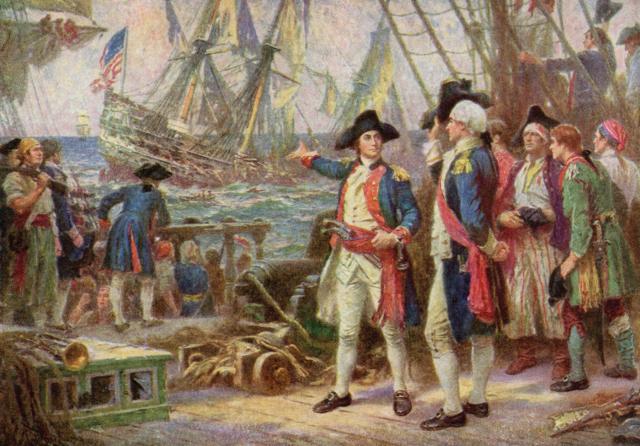 Having moved his flag to the damaged but still-floating Serapis, Jones (center) and his defeated adversary, Captain Richard Pearson, watch the Bonhomme Richard sink to her final resting place. Witnessing the ship go down, Jordan observed, “I never beheld anything so battered.” 