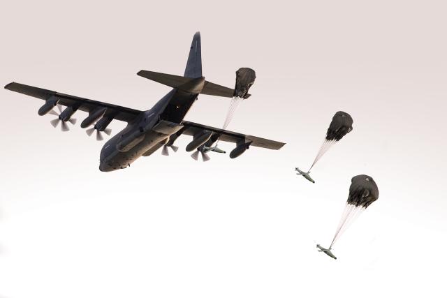 Once potential solution to the Navy’s mine warfare problem would be to roll Quickstrike mines and bombs—equipped with JDAM guidance kits and JDAM-ER wings—out of the back of cargo planes, such as the C-130 Hercules, to both lay and clear minefields.