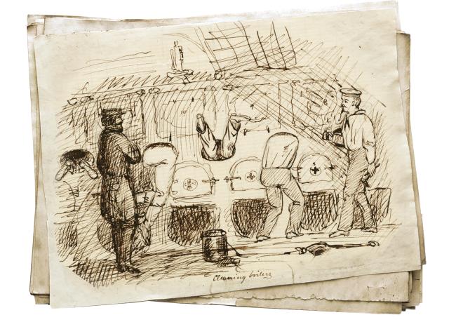 Among the more mundane shipboard tasks Weir sketched was sailors cleaning the Richmond’s boilers, which required them to crawl into the tanks. 