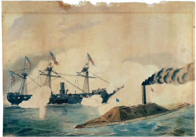Weir created several renderings of the Richmond’s engagement with the Confederate ironclad Tennessee during the Battle of Mobile Bay, including this watercolor.