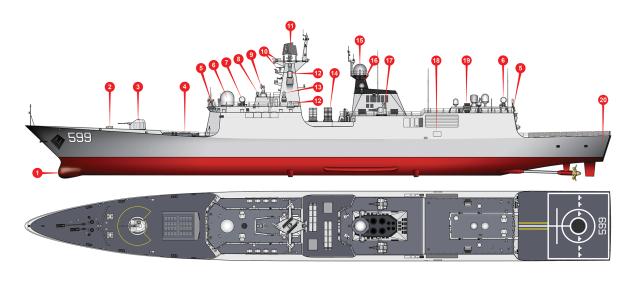 The Chinese guided-missile frigate Anyang, one of the final units of the Jiangkai II class.