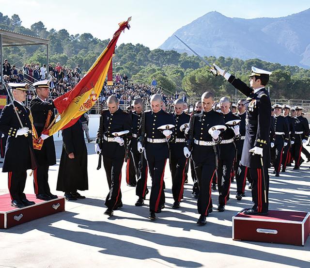 Spanish Marines taking the oath of enlistment at the General Albacete Fuster Marine Corps School in Cartagena, Spain. During the early 21st century, the Spanish Navy underwent a significant restructuring, shifting from a mixed conscript and professional model to a fully professional one.