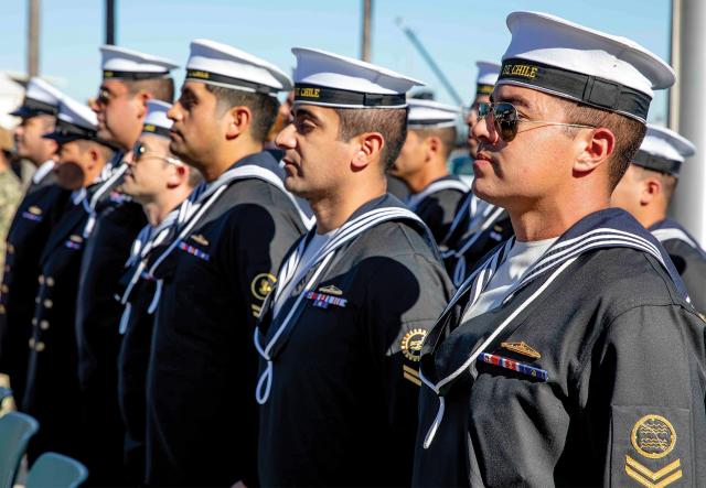 Chilean sailors assigned to the Chilean Navy submarine Carrera during the 2023 Diesel-Electric Submarine Initiative deployment closing ceremony at Naval Base Point Loma, California, in November. All Chilean Navy training courses have been adapted to modern standards, incorporating technology and research, so the knowledge young people acquire is valuable and applicable beyond the Navy.