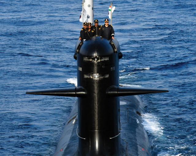 An Indian Navy Kalvari-class submarine making a surface transit. The Indian Navy is striving to get younger, reducing the average age of the force to 26 from 32 by 2034, and having representation from every city, town, and village in India. 