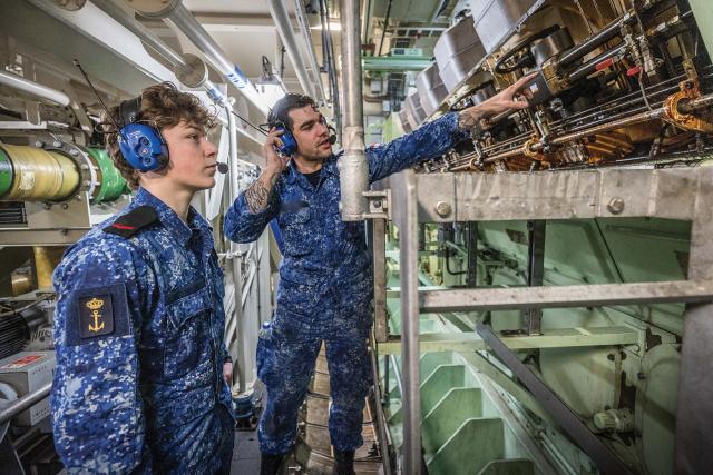 A Dutch sailor in the Dienjaar Defensie (“service year defense”) program being trained in an engine room. The program allows people aged 18–27 to serve in the armed services for one year, during which they perform mainly supporting tasks and can get to know their branch of the armed forces.  