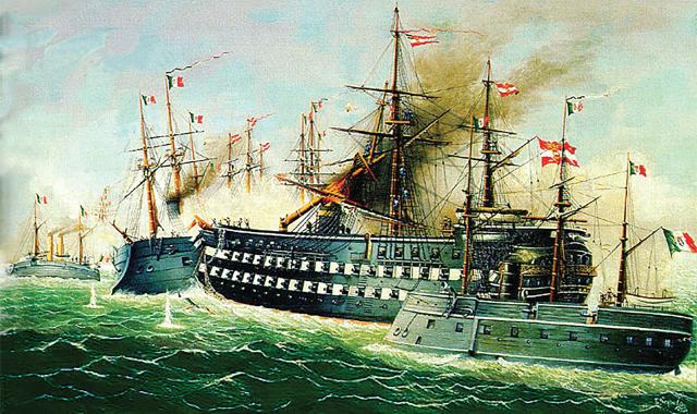 Fortune favors the bold: The wooden-hulled Austrian ship-of-the-line Kaiser rams the Italian ironclad Re di Portogallo during the July 1866 Battle of Lissa.