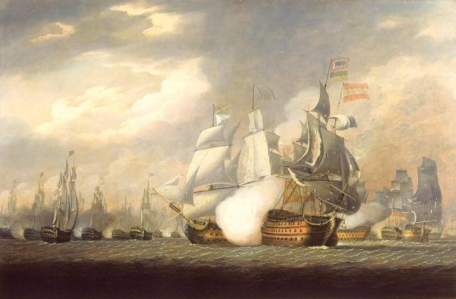 The British flagship HMS Victory rakes the stern of the Salvador del Mundo with a withering broadside during the 1797 Battle of Cape St. Vincent.