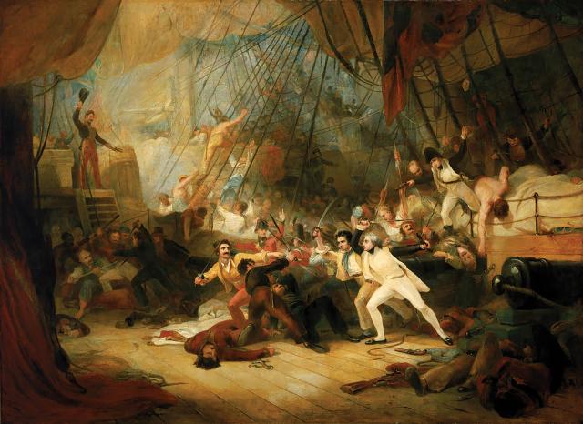 Seizing the initiative: Horatio Nelson (white breastcoat and breeches, right foreground) forces the surrender of the San José—after having just done the same with the San Nicolás. 