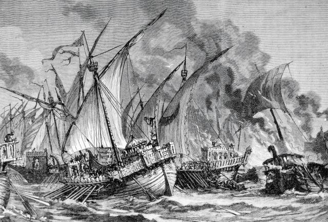 The powerful Byzantine fleet unexpectedly meets its match at the Battle of the Masts in 655 AD.