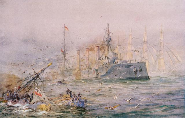Having hunted down and destroyed the German light cruiser Nürnberg, the crew of HMS Kent rescues survivors from the fatally frigid water.
