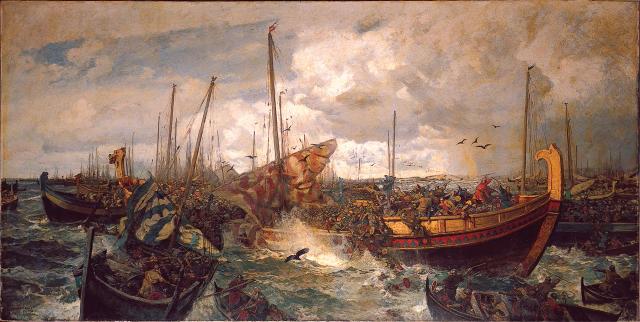 Viking fleets of Norway, Denmark, and Sweden clashed in the fierce Battle of Svolder in the year 1000.