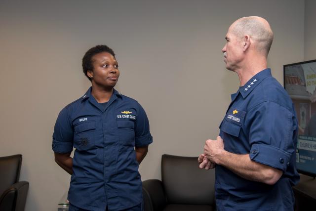 Vice Commandant of the Coast Guard Admiral Charles Ray speaks with Commander Carrie Wolfe at Coast Guard Base New Orleans in early 2019, shortly after intrusive leadership helped the Coast Guard weather the government shutdown and lapsed appropriations. 
