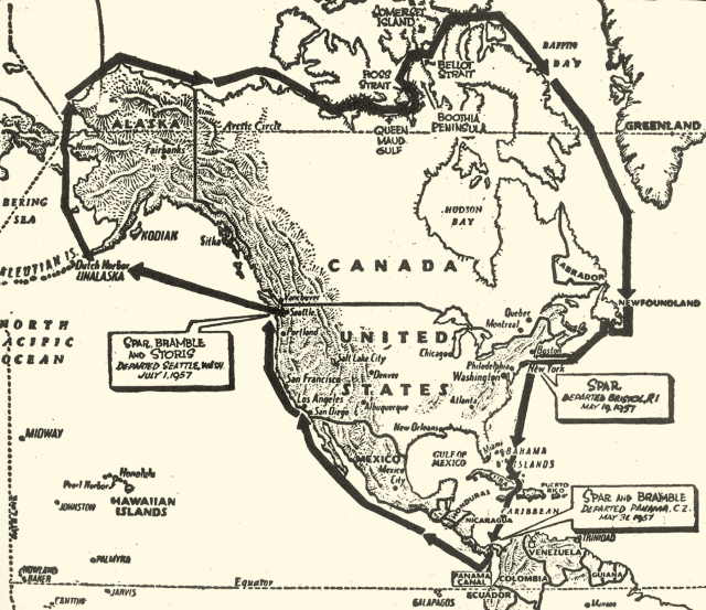 Map of the three U.S. Coast Guard cutters that transited the Northwest Passage in 1957