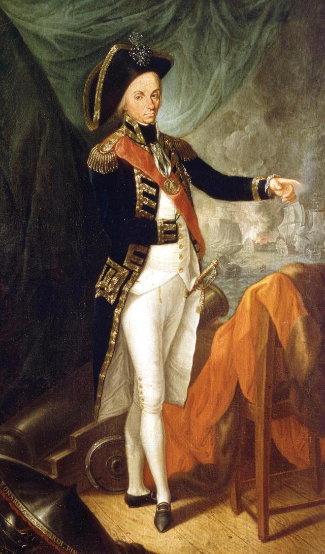 Leonardo Guzzardi’s 1799 Nelson portrait shows the naval hero with a distinctly un-idealized visage. The Battle of the Nile is depicted in the background, while on his hat Nelson wears the diamond-encrusted chelengk presented to him by Sultan Selim III of the Ottoman Empire in gratitude for the curtailment of Napoleon’s Eastern ambitions.