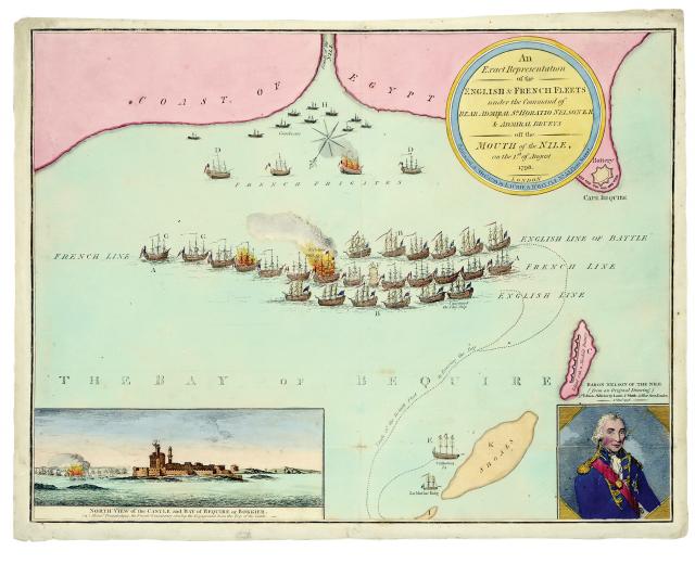 This 1798 map illustrates how the British fleet succeeded in forming two lines of battle, sandwiching the French fleet and proceeding to blast it to smithereens. The mighty l’Orient is shown in flames at the center. The miniature portrait in the lower right indicates the new title bestowed on the victor: “Baron Nelson of the Nile.”