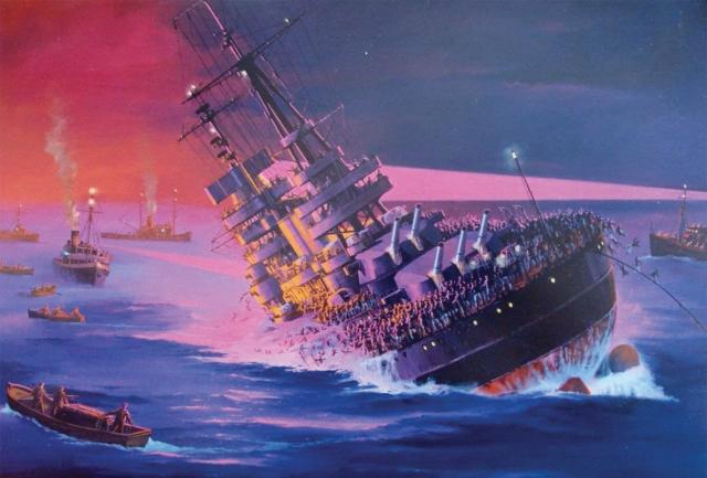 The battleship Novorossiysk listing badly after she was rocked by an explosion in the early morning hours of 29 October 1955. The loss of the ship changed the way the Soviet Navy would be organized. 