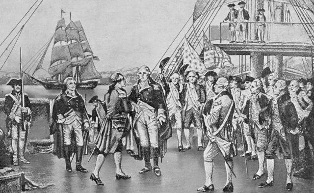 General George Washington (center) meets the Comte de Grasse