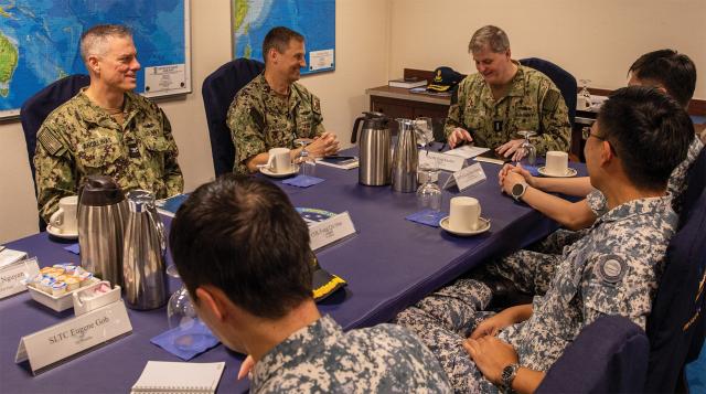 The commander, U.S. Seventh Fleet; commander, Submarine Group 7/Task Force 74; and Seventh Fleet Maritime Operations Center (MOC) director speak with members of the Republic of Singapore Navy on board the Seventh Fleet flagship USS Blue Ridge (LCC-19) during a port visit to Singapore in July 2024. With many naval liaisons in the headquarters of allies, navies will not be operating from the same page if they cannot share classified information.