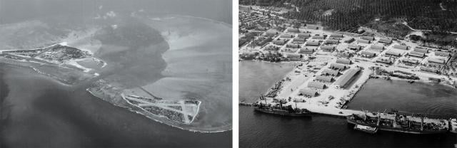 The U.S. Navy began building up Naval Air Station Midway Island (left) in 1941, which became one of its major advanced bases of World War II, and Naval Base Espiritu Santo (above) in 1942. The United States must be ready to rapidly establish strategic advanced bases in the third island chain to support contingency campaigns in the South Pacific should war break out over Taiwan.