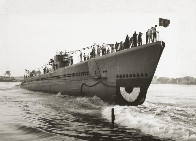 The launch of the USS Parche (SS-384) at Portsmouth Navy Shipyard, 24 July 1943. The Parche would play a major role in 1944 in the Pacific. Her commanding officer, Lieutenant Commander Lawson “Red” Ramage, recalled the wild, close-quarter fury of a 31 July 1944 night action in his 1973 oral history.