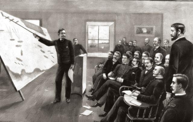 An illustration of a lecture at the U.S. Naval War College in Newport, Rhode Island, in 1889.