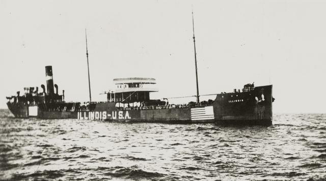 A U.S. tanker, the Illinois, moments before she was sunk by a U-boat in March 1917. Note the Illinois’ neutrality markings. Captain Dudley Knox wrote in 1937 that the principal restraint on Germany’s strategy of unrestricted submarine warfare was the Germans’ estimate of “what force such neutrals might bring to bear.”