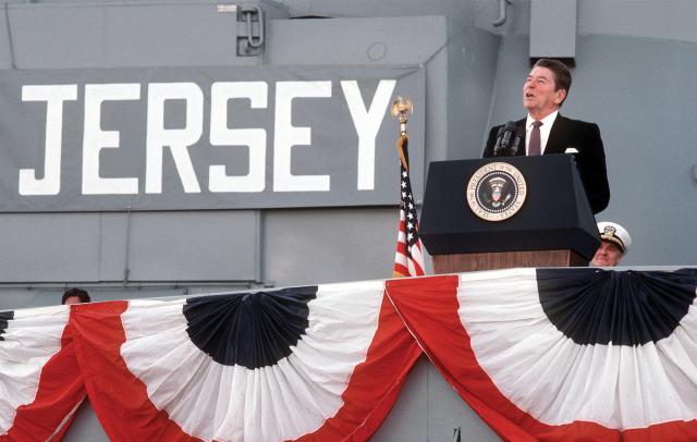 President Ronald Reagan at the recommissioning of the USS New Jersey (BB-62) in December 1982. Reagan’s Cold War strategy was “We win, and they lose.”