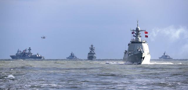 Chinese and Russian warships during a joint naval exercise in December 2022. 