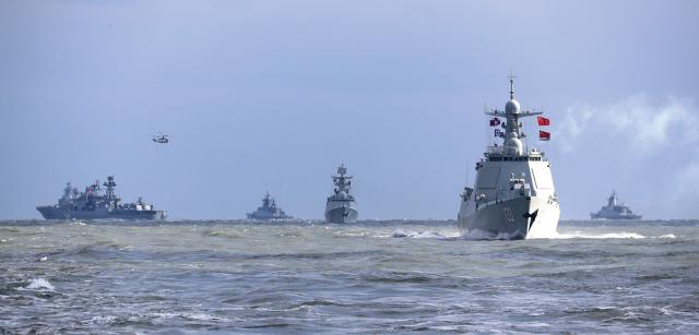 Chinese and Russian warships during a joint naval exercise in December 2022. 