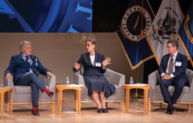(Left to right) Former Secretary of the Navy John Lehman, Naval War College Professor Sally Paine, and CSBA President Thomas Mahnken discuss maritime strategy at an American Sea Power Project panel in May 2022.