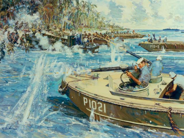 Artist Bernard D’Andrea depicts Signalman First Class Douglas Munro—the Coast Guard’s only Medal of Honor recipient—leading his Higgins boats in to evacuate Marines under intense enemy fire at Guadalcanal. Munro was mortally wounded maneuvering his boat to shield another Higgins boat stranded on the reef.