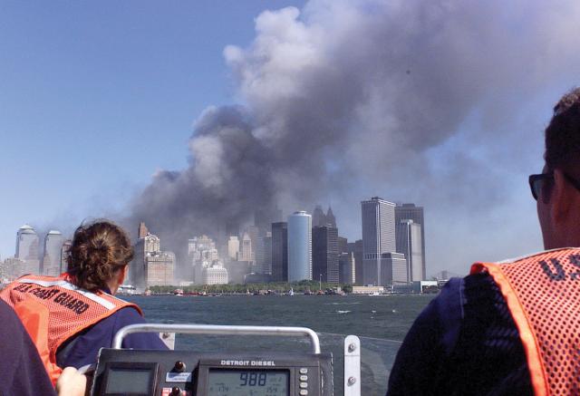 The Coast Guard patrols the harbor after the collapse of the World Trade Center in New York. Coast Guard units and personnel were some of the first military responders, providing communications and security, evacuating civilians by water, and assisting those in need. 