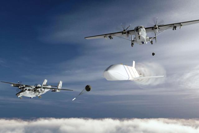In this artist’s concept, Air Force Special  Operations Command aircraft launch missiles from their cargo holds in a manner similar to the Air Force’s Rapid Dragon palletized system. In a war, submarines, special forces, multi­domain task forces, and Marines will pair with U.S. A2/AD systems and long-range strike capabilities, requiring large stockpiles of weapons that can be more distributed,  survivable, and scalable.