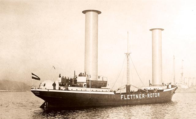 The Buckau, built in 1924, was the first ship powered by Flettner rotors, which spin to create lift and move the vessel like a sail-powered ship. Builders have found a new interest in the devices because they can reduce fuel consumption by as much as 30 percent.