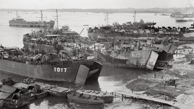U.S. Navy tank landing ships discharge Australian and American troops and supplies at Balikpapan, Borneo, in 1945. Together, the two countries were victorious time and again, setting the foundation for a relationship now 80-years strong—one that continues to strengthen.